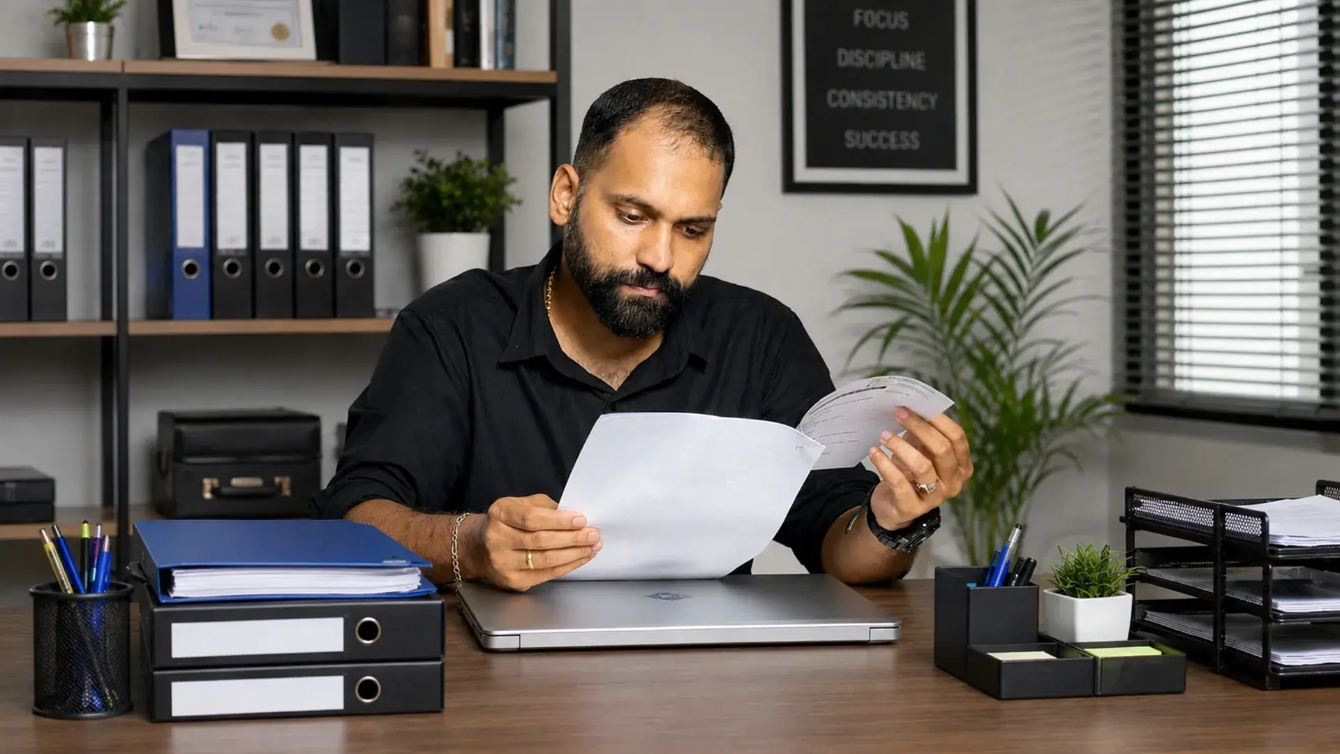 Un responsable examine des documents administratifs à son bureau