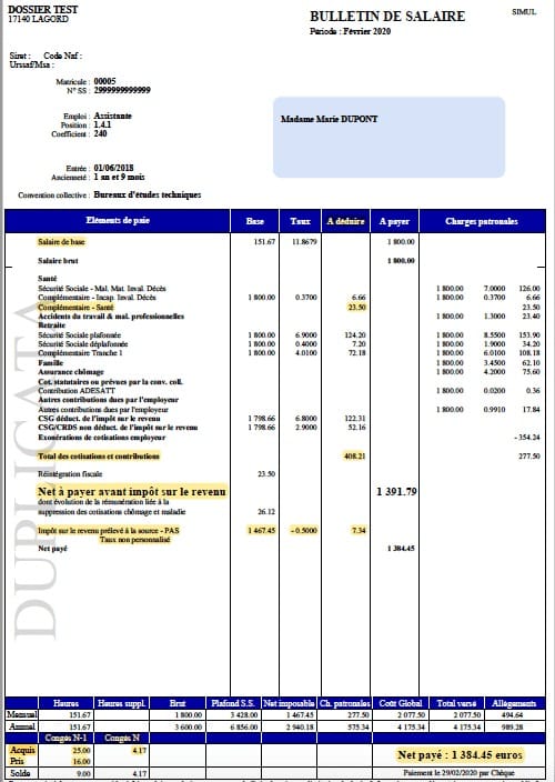 Bulletin de paie ouvert sur la zone des compteurs de congés