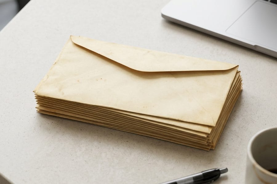 Pile d'enveloppes posée sur un bureau à côté d'un ordinateur portable